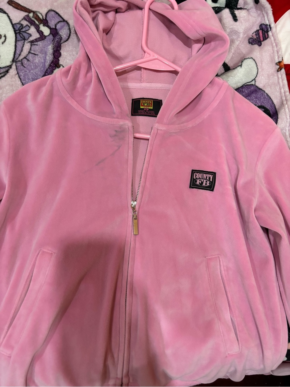 County FB Pink Velour Kids' Hooded Zip-Up Jacket